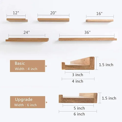 Vista 3 de Estantes flotantes de roble – Repisa de madera natural montada en la pared – Repisa de fotos – Estante de almacenamiento de pared para oficina