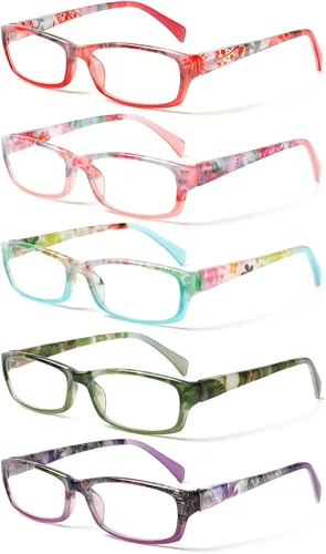 Vista 11 de Kerecsen Gafas de lectura, 5 pares de lentes de lectura de moda para mujer, bisagra de resorte con patrón impreso para mujer (5 marrones, 0.5, x)