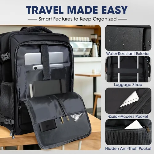 Vista 6 de Mochila de viaje, 40L 50L Mochila de transporte grande expandible aprobada Negro