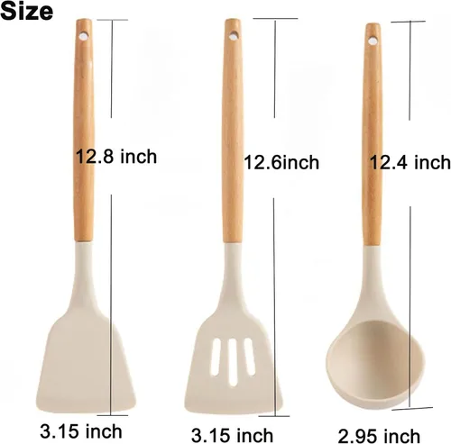 Vista 4 de Juego de 3 espátulas grandes de silicona ranuradas, cuchara con mango de madera resistente al calor, utensilios de cocina antiadherentes, espátula