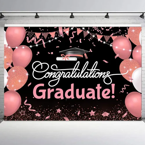 Vista 13 de Telón de fondo de graduación de 5 x 3 pies para sesión de fotos, globos negros y dorados, felicitaciones, graduados, clase de 2025, felicitaciones