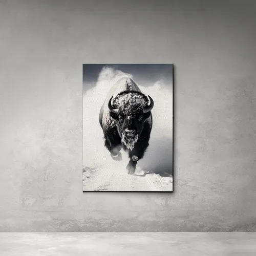 Vista 4 de Lienzo enmarcado para pared, diseño de búfalo de bisonte blanco y negro, animales de paisaje, vida silvestre, arte digital, realismo, decorativo