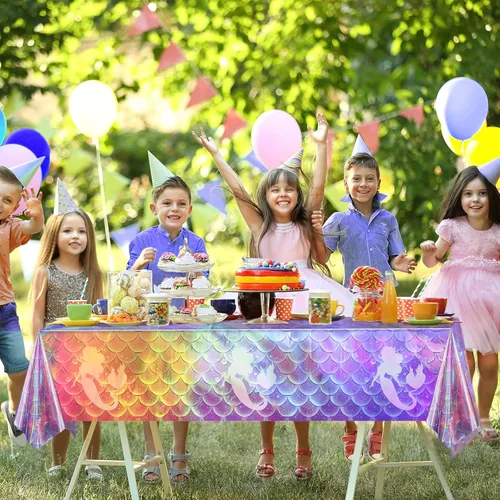 Vista 7 de 1 mantel de plástico iridiscente de sirena, manteles desechables con láser de sirenas, funda de mesa desechable para niñas, cumpleaños, bodas