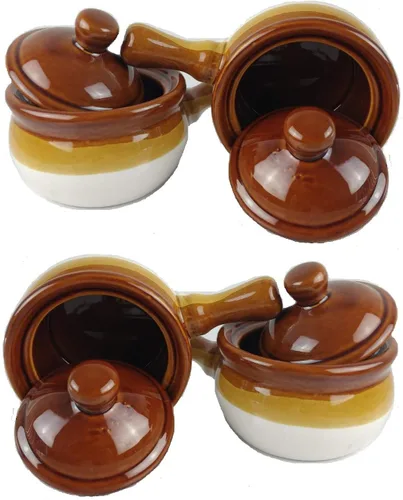 Vista 2 de Cuencos individuales de sopa de cebolla francesa con asas y tapas, cerámica de 16 onzas, paquete de 4
