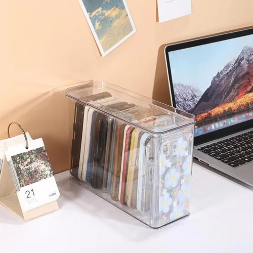 Vista 3 de BTSKY Caja organizadora transparente para teléfono, caja de almacenamiento apilable con tapa para fundas de teléfono celular, funda multifuncional