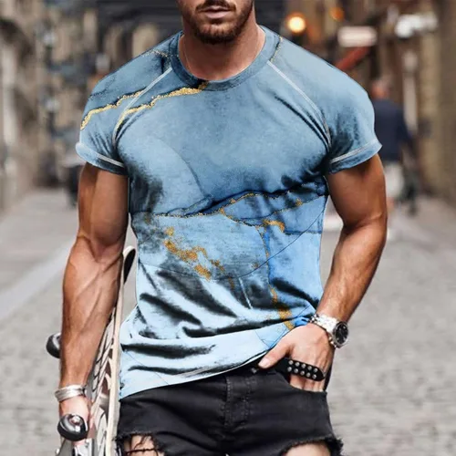 Vista 2 de Tops básicos Hombres Impresión Digital 3D Jersey Camisa Estampado mármol Camiseta Manga Corta Blusa Cuello Redondo