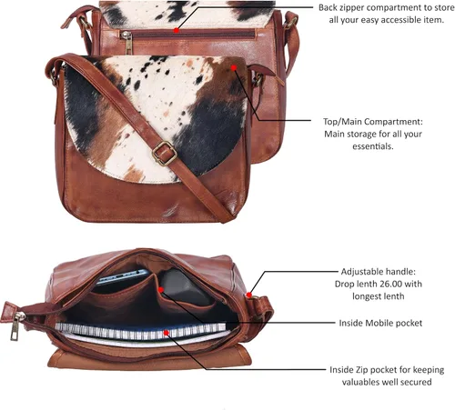 Vista 5 de Bolso bandolera de cuero genuino para mujer con correa ajustable, bolsillo móvil y cremallera exterior e