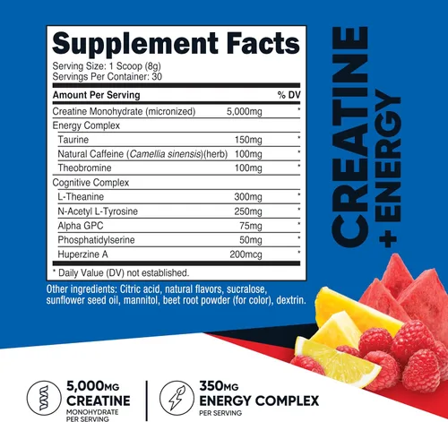 Vista 2 de Nutricost Creatina + Energía 30 porciones (sabor a ponche de fruta) - 5,000 mg de monohidrato de creatina + 350 mg de complejo energético por porción