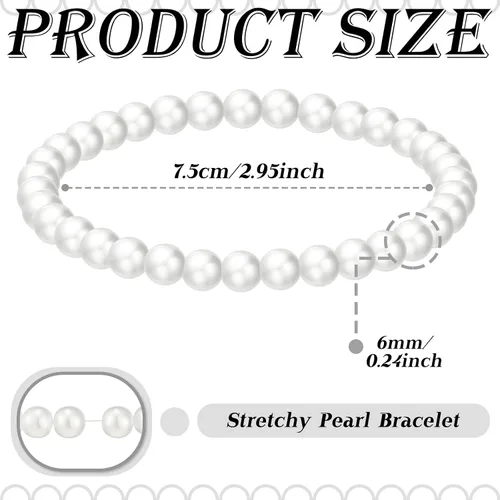 Vista 2 de Pulseras elásticas de perlas para mujer, bandas elásticas de perlas de imitación, pulseras apilables con cuentas blancas, ramillete