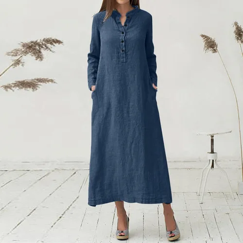 Vista 8 de Vestido de manga larga para mujer, casual, de algodón, lino, con botones, maxivestidos tipo caftán, blanco y azul