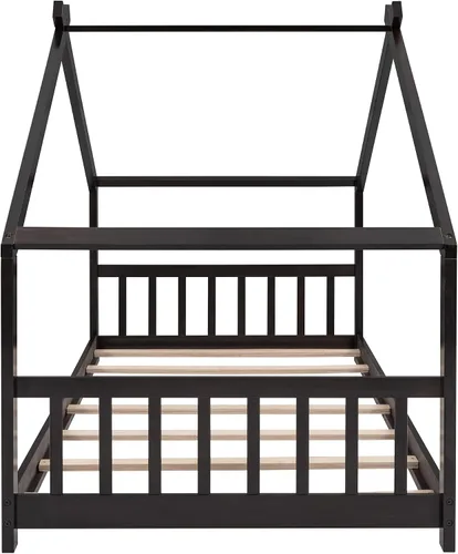Vista 6 de Merax Camas Montessori de madera para niños con cabecero, marco de cama de suelo para niños y niñas, no necesita somier (individual, espresso)