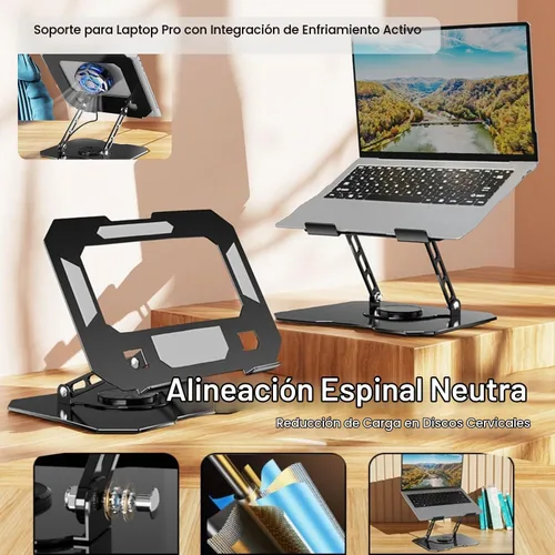 Vista 6 de Soporte giratorio de 360° para computadora portátil, elevador ergonómico de acero sólido resistente, soporte plegable para computadora portátil
