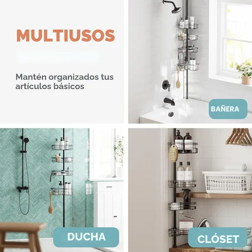 Vista 7 de Zenna Home Organizador de esquina con barra de tensión, organizador de ducha ajustable con 4 cestas en forma de L y ganchos, organizador de barra