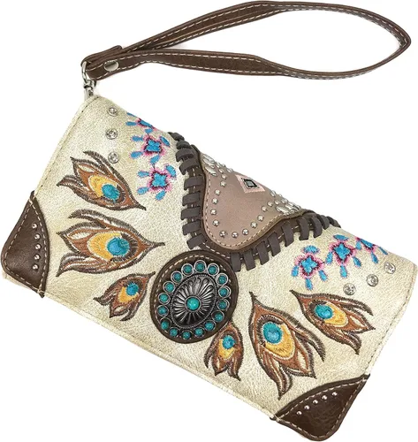 Vista 2 de Zelris Turquesa Concho Peacock Feather Mujeres Crossbody Muñeca Trifold Wallet