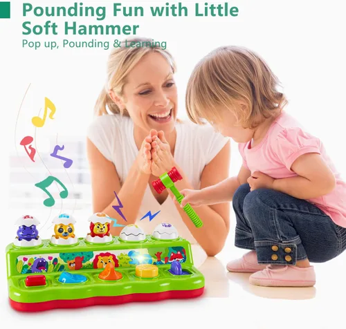 Vista 5 de Juguetes de 1 año para niños y niñas, regalo de cumpleaños, causa y efecto, juguete desplegable de animales con música y luz para niños pequeños