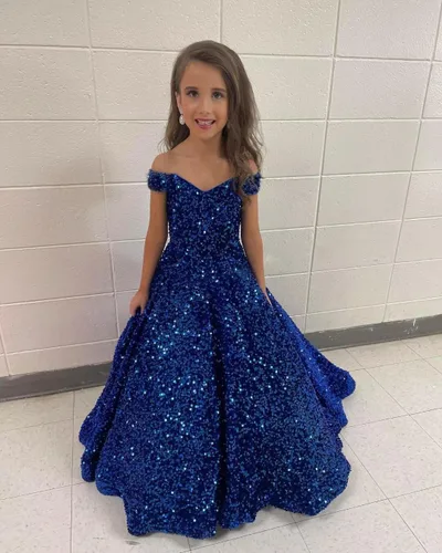 Vista 4 de Vestidos de lentejuelas con hombros descubiertos para boda, vestidos brillantes para concursos, vestido de baile, vestido de princesa para niños