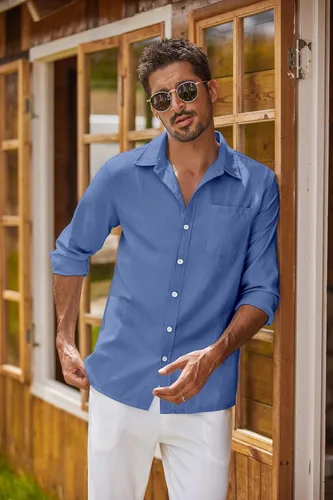 Vista 17 de COOFANDY Camisa Oxford de manga larga con botones para hombre, camisas de vestir de ajuste regular