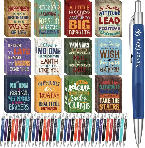 Vista 6 de Yeaqee Juego de 72 Piezas de Bolígrafos Motivacionales y Blocs de Notas, Bolígrafo de Punta de Bola con Citas Inspiradoras, Cuaderno Pequeño, Mini