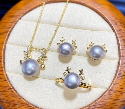 Vista 8 de Natural Pearl Jewelry Set for Women Mother Girls, Freshwater Cultured Pearl Set, Black White Blue Purple Pearl Butterfly Swan Gold plated Diamond