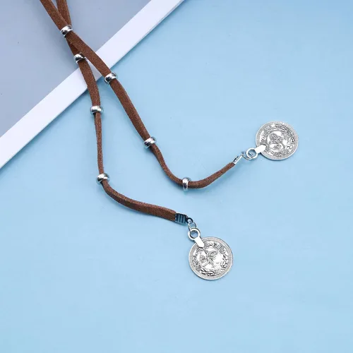 Vista 4 de Collar largo vintage de gamuza Vagan marrón Boho cuero Wrap Gargantilla Collar de cuero disco moneda collar suéter cadena joyería para mujeres