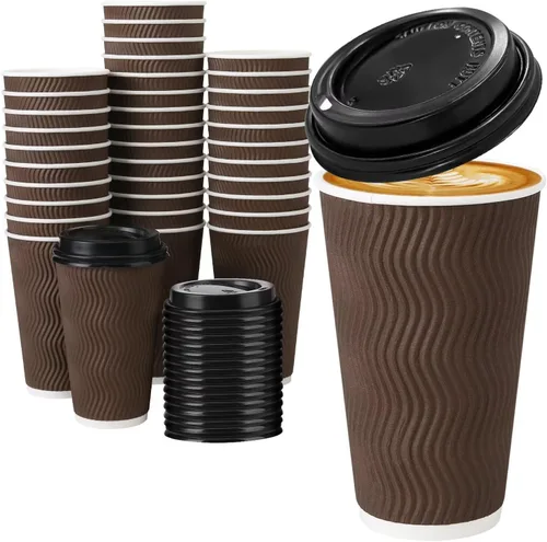 Vista 20 de Tazas de café desechables de 12 onzas con tapas, tazas de papel de café con tapas para llevar, tazas calientes aisladas para bebidas calientes