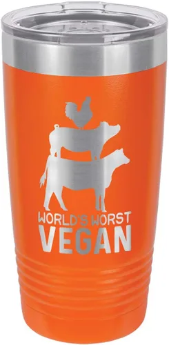 Vista 11 de Taza de viaje con pajita grabada a láser con citas de barbacoa, de la marca World's Worst Vegan, de 20 onzas, para comparar con Yeti Rambler