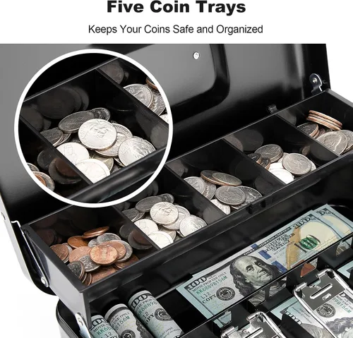 Vista 7 de Caja de efectivo con bandeja de dinero y cerradura, caja de dinero segura para efectivo, caja de bloqueo de metal con combinación, organizador