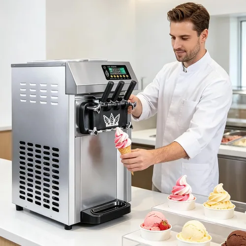 Vista 3 de Máquina de helados comercial de 20L/H con función Keep Cool, 1250 W 3 sabores Soft Serve Heladera, máquina de helado Softserve para encimera
