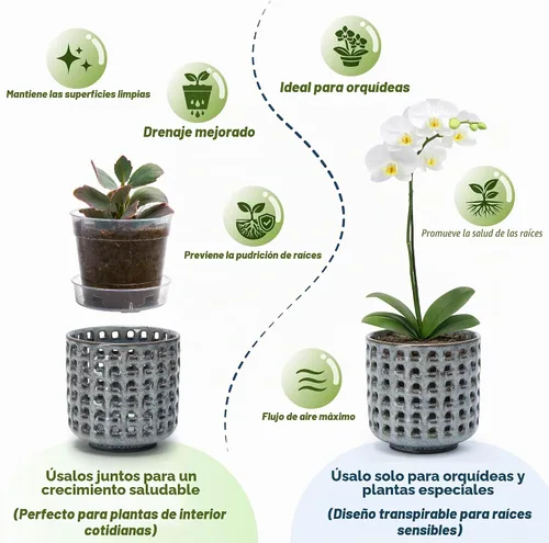 Vista 2 de D'vine Dev Maceta de cerámica para orquídeas de 4.5 pulgadas con diseño de recorte de celosía, maceta esmaltada con maceta transparente y platillo