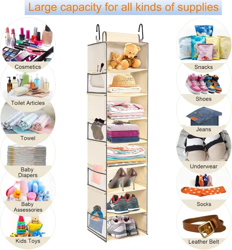 Vista 6 de Organizador de zapatos colgante de gran tamaño con 8 estantes, organizador colgante de armario con 8 bolsillos laterales, estantes colgantes más