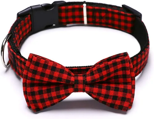 Vista 5 de Love Dream Collar de perro con pajarita extraíble Collar a cuadros de Navidad Correa de algodón suave y cómoda, hebilla de liberación rápida