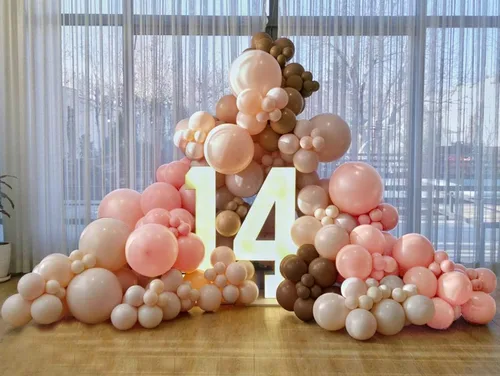 Vista 7 de Kit de guirnalda de arco de globos de color rosa claro, doble relleno, mate, rosa, marrón, crema, melocotón, globos de látex de diferentes tamaños