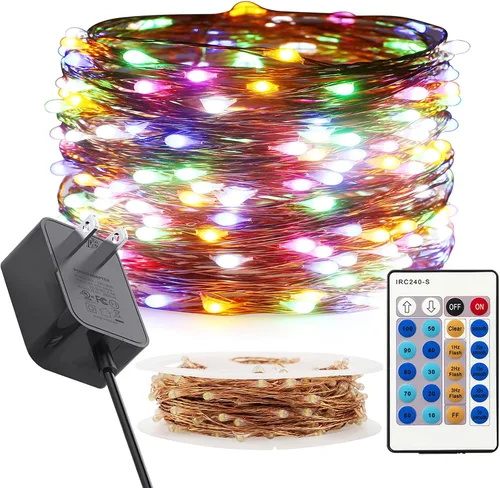 Vista 15 de RUICHEN Guirnalda de luces regulables enchufables de 66 pies, 200 luces LED de alambre de cobre con control remoto, blanco cálido