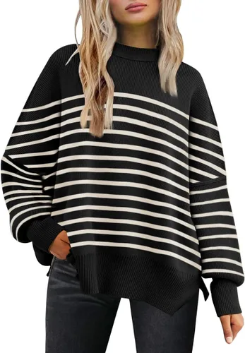 Vista 108 de Lillusory - Suéter extragrande con mangas de murciélago y cuello redondo para mujer, prenda moderna de otoño de tejido de punto sin botones