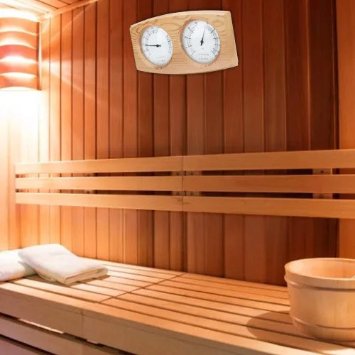 Vista 2 de Cosiki Termómetro de sauna, termómetro higrómetro de madera 2 en 1 para temperatura ambiente, higrómetro para sala de sauna, sala de vapor