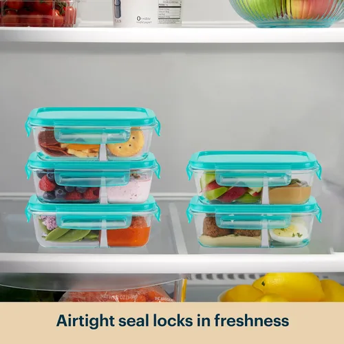 Vista 8 de Pyrex Caja de comida de vidrio (paquete de 5, 2.3 tazas), compartimentos Para preparar comidas y porciones, sin BPA, apto para microondas