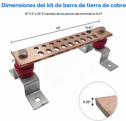 Vista 4 de Barra colectora de cobre para tierra, kit de barra de tierra multiusos de 10 x 2 pulgadas x.25 pulgadas con 18 posiciones de terminal de 0.41