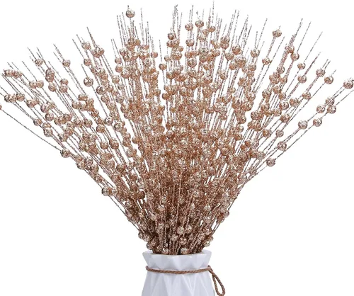 Vista 15 de 12 piezas de bayas artificiales con purpurina rosa, púas artificiales de Navidad con tallos de bayas para decoraciones de Navidad, palos falsos