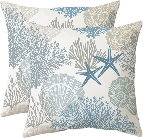 Vista 9 de Tritard Juego de 2 fundas de almohada náuticas costeras de 16 x 16 pulgadas, fundas decorativas de terciopelo con temática de playa, conchas