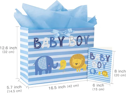 Vista 6 de Loveinside Bolsa de regalo para bebé niño con papel de seda y tarjeta de felicitación para baby shower, nuevos padres y más, diseño animal azul, 16