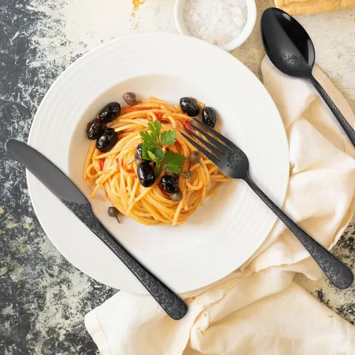 Vista 8 de Juego de Cubiertos Florales Negros para 6 Vajilla de Acero Inoxidable 30 Piezas Cubiertos Únicos Utensilios para Comer Vajilla Elegante Tenedor