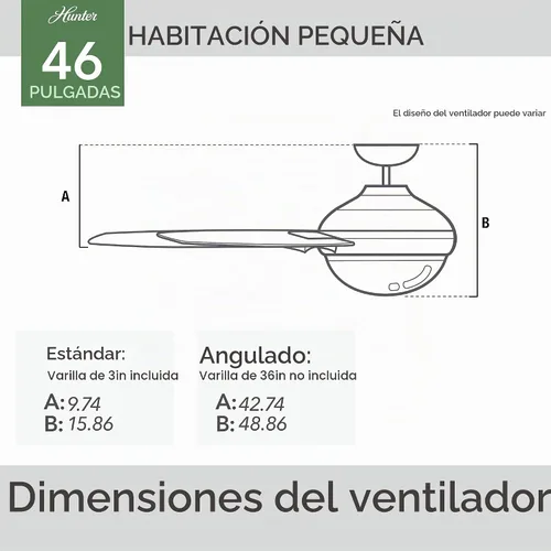 Vista 7 de Hunter Anslee, Ventilador de techo, para interiores, con luz LED, 46 Montaje estándar, cadena de tracción, 5 cuchillas, para dormitorio, sala