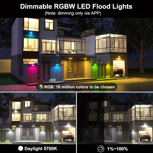 Vista 2 de Luz de inundación LED RGB para exteriores, equivalente a 500 W, cambio de color inteligente y luz diurna 5700 K, iluminación paisajística, luces
