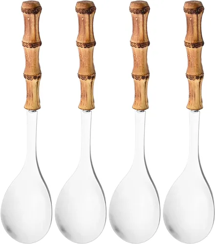 Vista 11 de Juego de 4 utensilios para servir con mango de bambú, acero inoxidable 304, cuchara larga Hanlde para cocina, bufé, banquete, boda, fiesta, cocina
