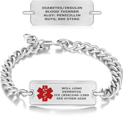 Vista 10 de Pulsera de Alerta de Identificación Médica Grabada Personalizada, Condiciones Personalizadas de 4 Líneas Cadena de Cuerda de Acero Inoxidable