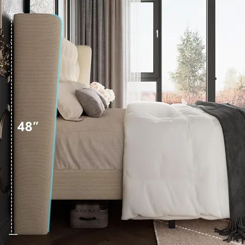 Vista 4 de GalnFu Base de cama tamaño full con cabecera capitoné con botones, base de cama plataforma tapizada con almacenamiento debajo de la cama, soportes