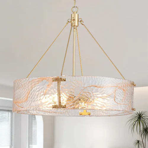 Vista 15 de XINGQI - Lámpara moderna de techo dorado de 16 pulgadas, 4 luces de techo de vidrio ondulado de agua para dormitorio, comedor, sala de estar 15.7