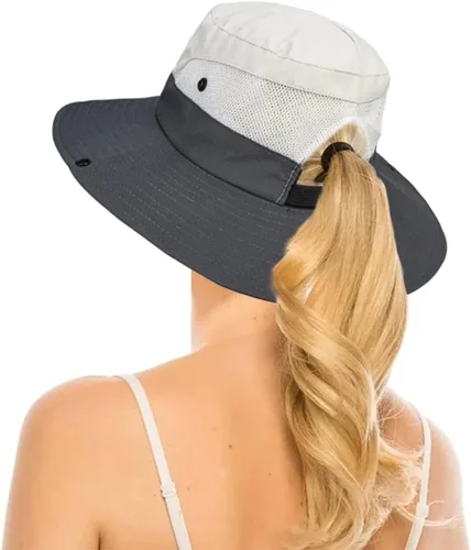 Vista 8 de Sombrero de pesca de playa de ala ancha para mujer, con protección UV, plegable, con agujero para cola de caballo