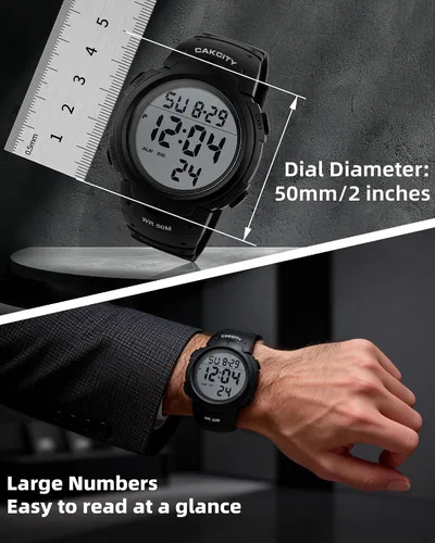 Vista 2 de CakCity Reloj deportivo digital para hombre, pantalla LED, esfera grande, reloj militar para hombre, impermeable, casual, luminoso, cronómetro
