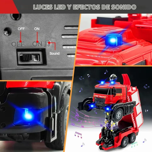 Vista 5 de Grarain Camión de bomberos a control remoto con sonidos LED, juguete de automóvil a control remoto con 3 camiones de bomberos pequeños y 10 modelos